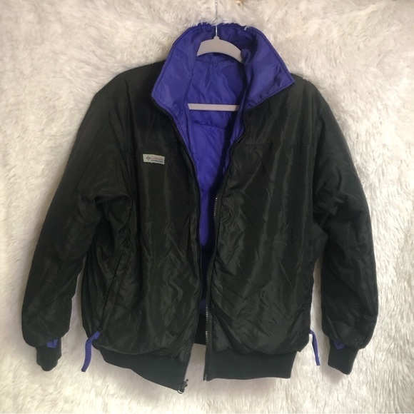 COLUMBIA Sportswear Down Zip Puffer Jacket Reversible Black & Bluish Purple sz L - Picture 4 of 8